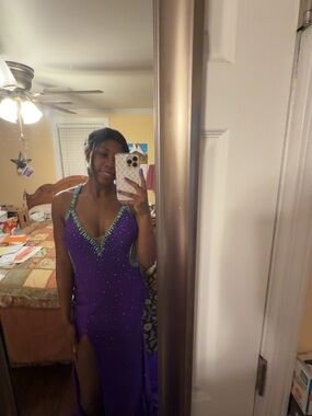 Johnathan Kayne Purple Beaded Prom Gown with Green Accents